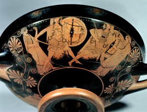 Menelaos, accompanied by Aphrodite, pursues Paris who runs towards Artemis, detail from the outside of an Attic red-figure cup